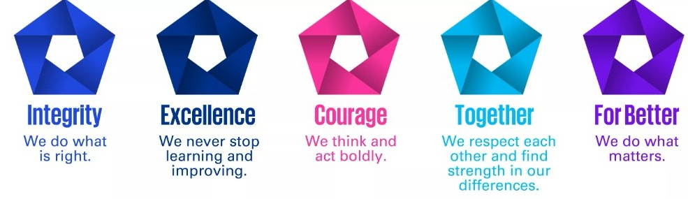 KPMG values: Integrity, Excellence, Courage, Together, For Better